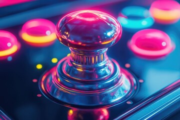 A chrome joystick sits atop a vibrant neon-lit arcade control panel, glowing with pink and blue hues.