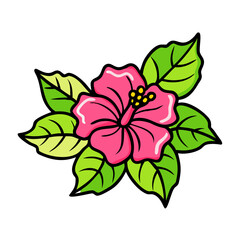 Pink hibiscus flower illustration with green leaves tropical floral design botanical art vector image