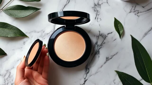 Opening and displaying compact makeup powder on marble surface with green leaves