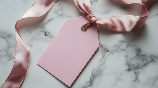 Blank pink gift tag with satin ribbon on a marble surface ready for personalization or decoration for special occasions