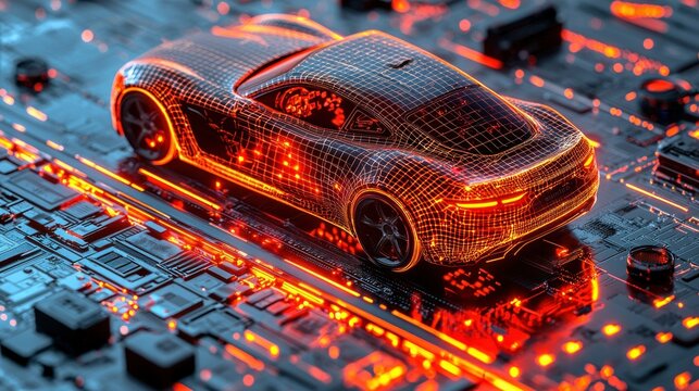 Car graphic on circuit board with glowing orange details