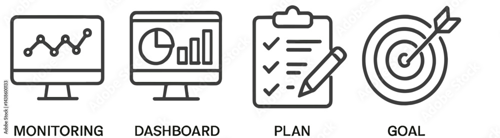 Poster Visual representation of monitoring, dashboard, planning, and goal setting for project management and data analysis