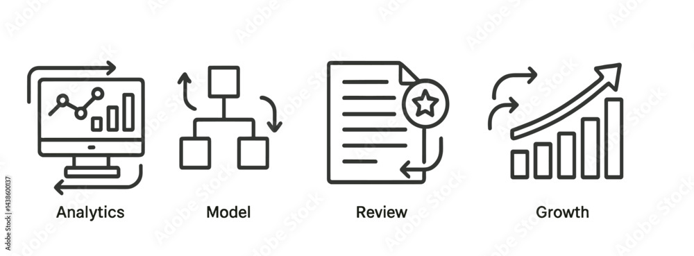 Poster Visual representation of analytics, modeling, review, and growth concepts in data analysis and business development