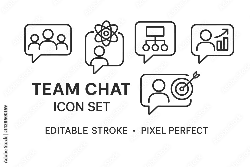 Aufkleber team chat icon set showcasing communication and collaboration symbols for digital platforms and team
