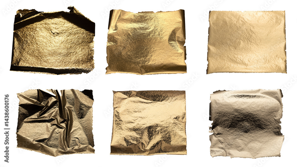 Poster torn and crumpled gold foil with metallic texture, fragile and rugged edges, shimmering brass and br