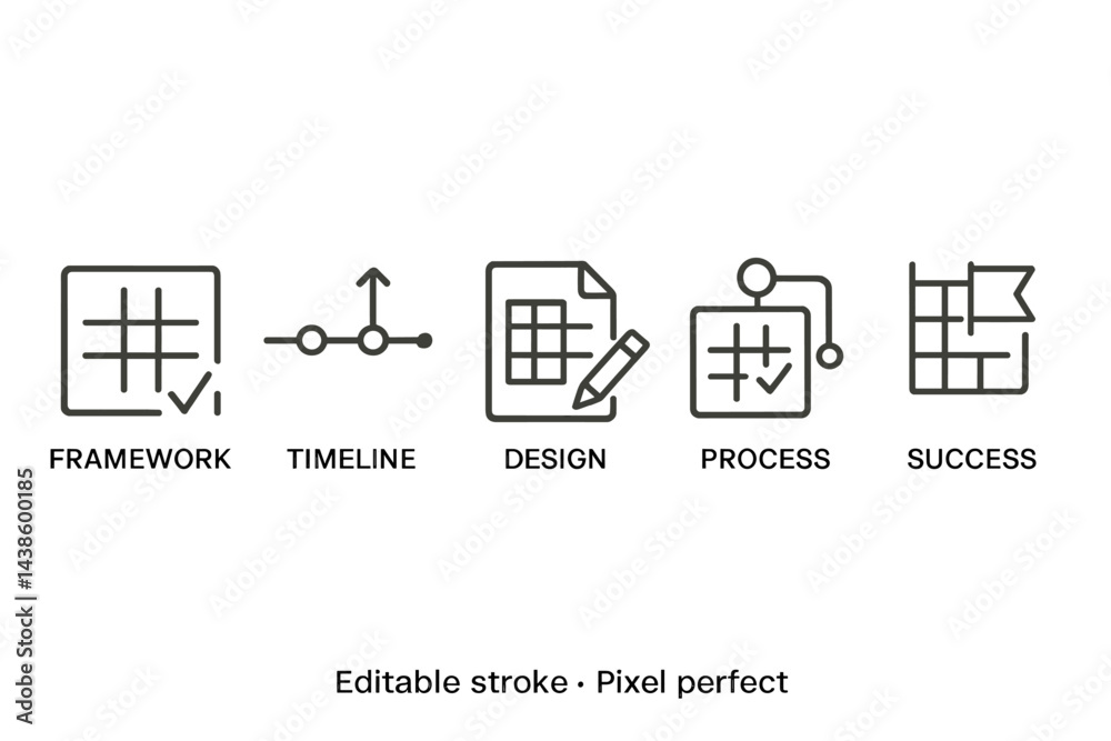 Poster icons representing framework, timeline, design, process, and success in project management and desig