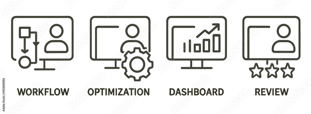 Poster Detailed workflow and optimization process displayed on four electronic screens in a modern office environment