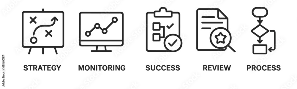 Poster Business strategy and success metrics displayed through various icons on a digital platform