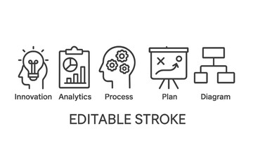 Set of icons representing innovation, analytics, process, plan, and diagram for business concepts