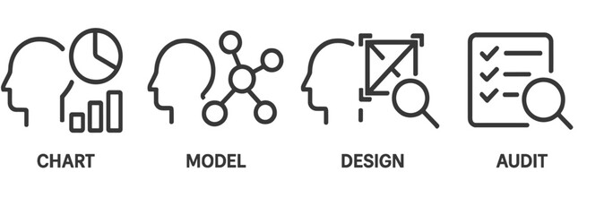 Creative process involving charts, models, design, and audits for project development in a professional workspace