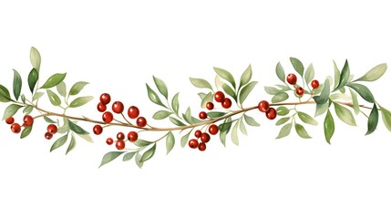 Green leaves and branches garland with red berries for festive decorations and holiday backgrounds