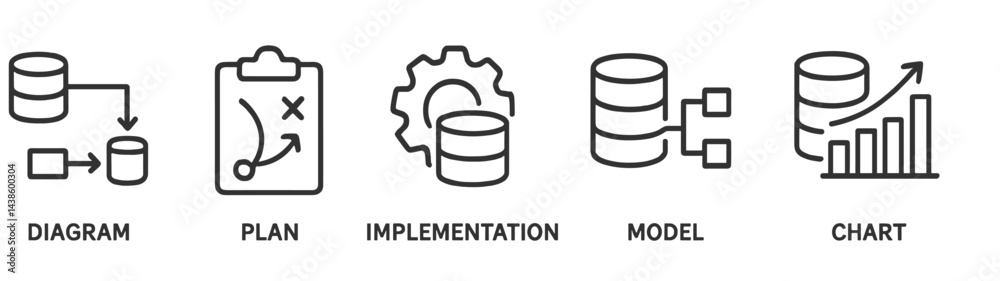 Poster Visual representation of data management concepts including diagram, plan, implementation, model, and chart used in project development