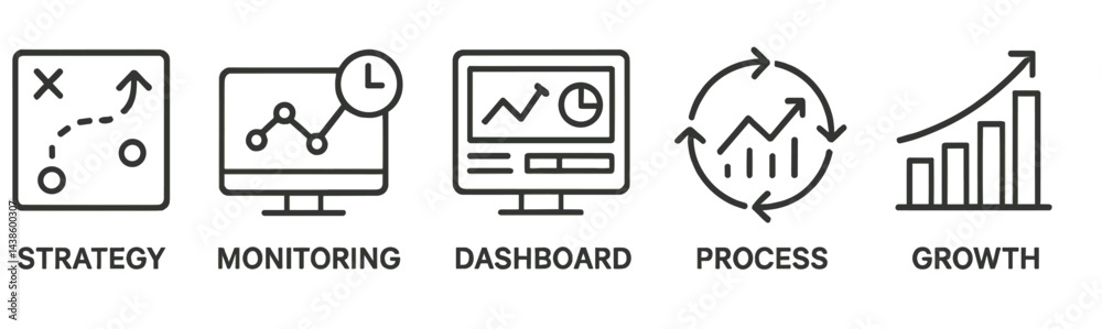 Poster visual elements representing strategy, monitoring, dashboard, process, and growth in business analyt