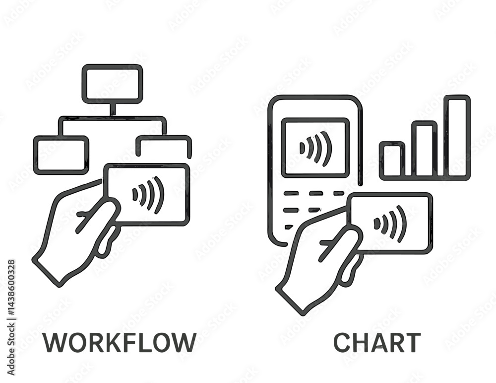 Poster Visual guide illustrating workflow and data chart activities using mobile devices and cards in a modern office setting