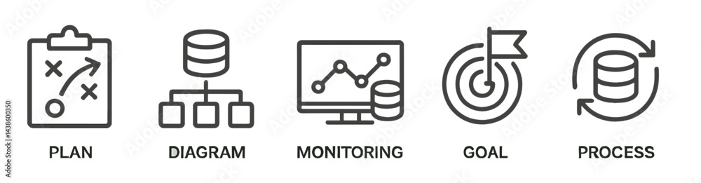 Poster Strategic planning and monitoring concepts displayed with icons representing goal setting, data management, and process improvement