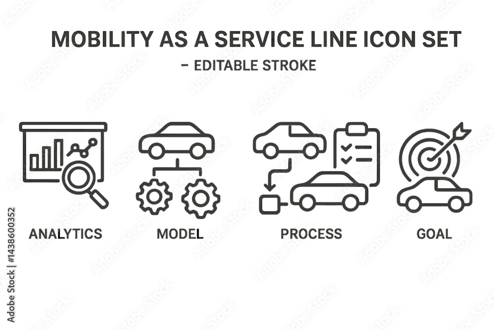 Aufkleber exploration of mobility as a service through various icons highlighting analytics, models, processes