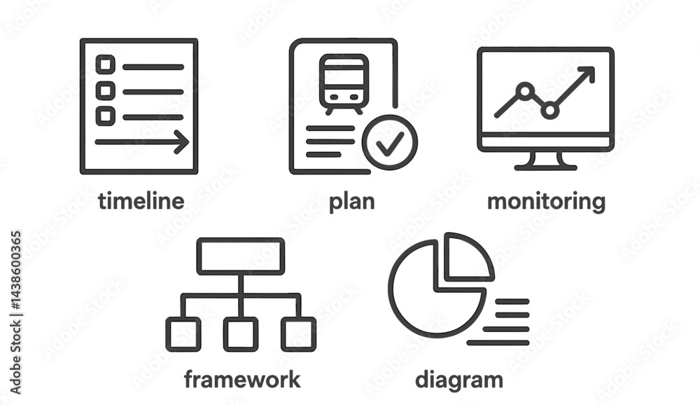 Poster Visual representation of project management elements such as timeline, plan, monitoring, framework, and diagram for effective strategy development