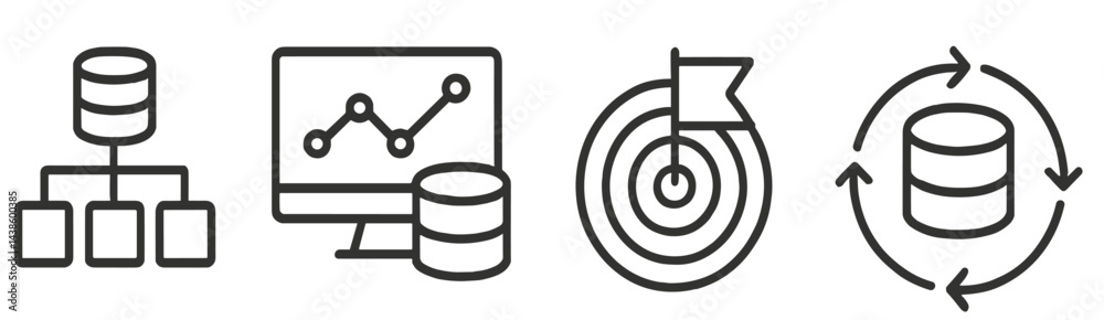 Poster Data management concepts illustrated through icons showing organization, analysis, targeting, and processing cycle