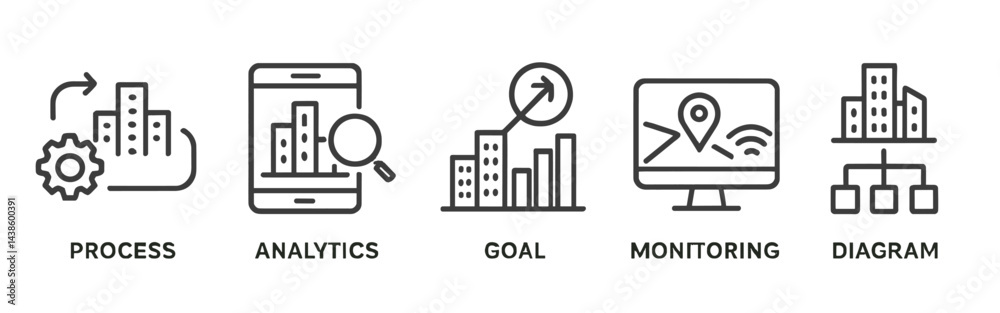 Fototapete Visual representation of business process analytics and monitoring in urban development with various data visualization methods