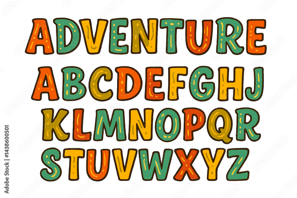 Poster colorful and playful letters forming the alphabet with an adventure theme in a whimsical style