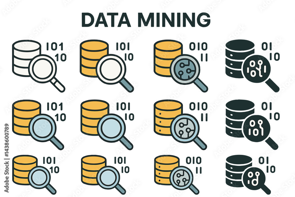 Poster Data mining concepts illustrated with symbols and icons representing analytics and information processing techniques