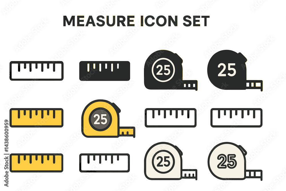 Aufkleber Measure icon set with a variety of tape measures and rulers in different colors and designs displayed on a light background