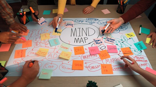 A dynamic brainstorming session featuring diverse hands working on a large mind map filled with colorful sticky notes, markers, and key business concepts for effective collaboration. SACTR