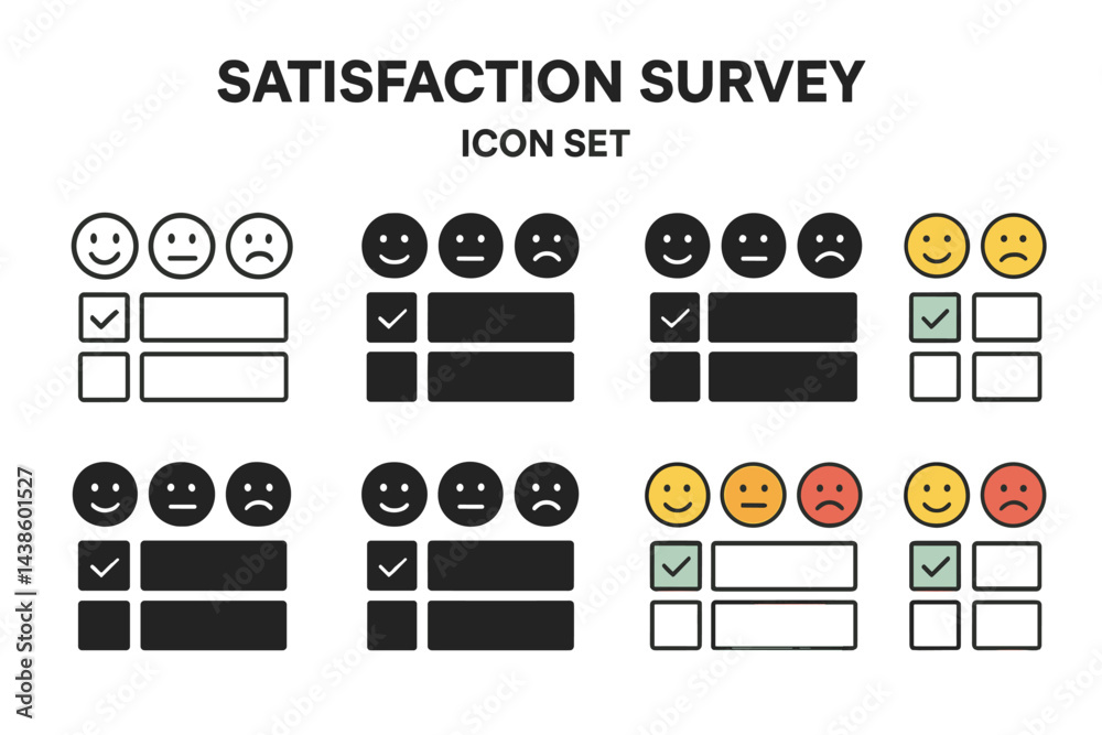 Poster Icon set illustrating satisfaction survey results featuring various emotions and checkboxes for feedback collection