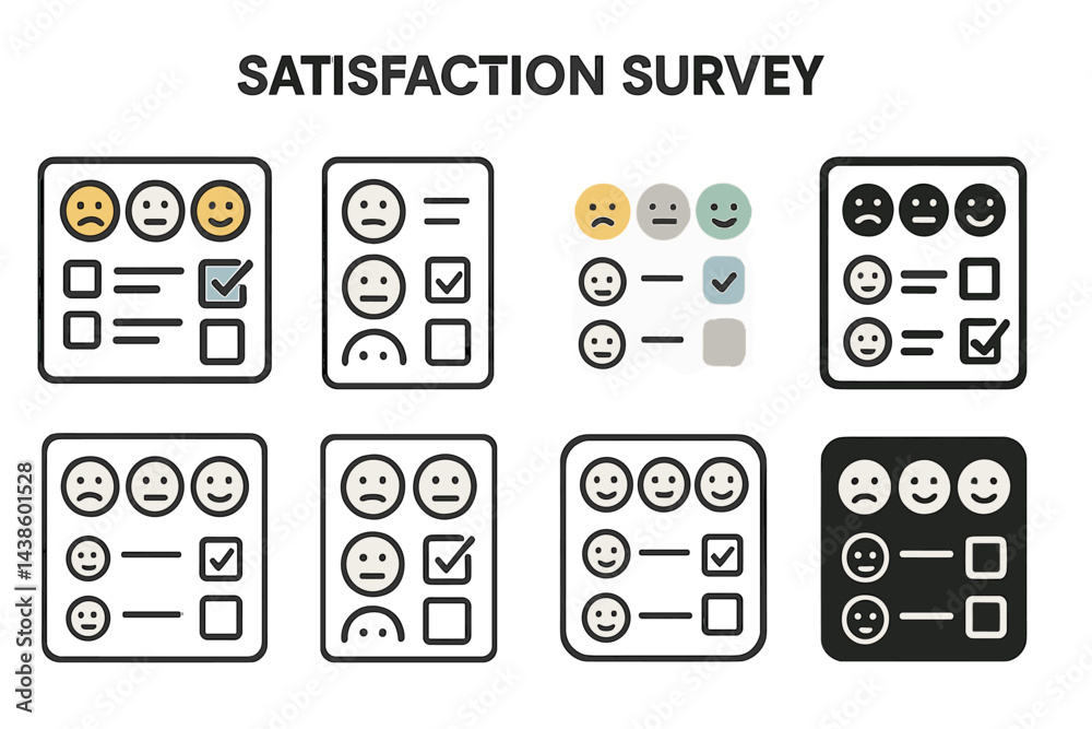 Aufkleber Satisfaction survey results and user feedback displayed with smiley faces and checkboxes in a clean design layout for reviews