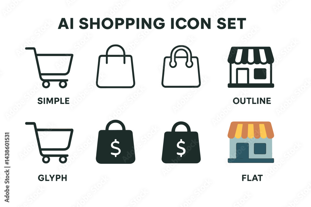 Poster Various shopping icons displayed in a grid showcasing different styles and designs for e-commerce applications