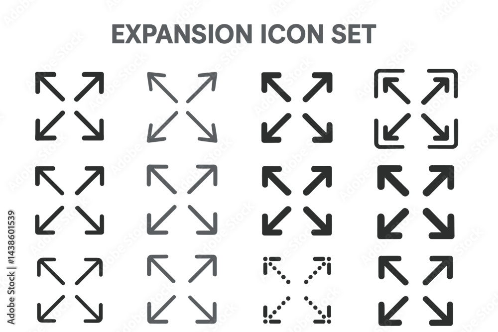 Poster Icon set featuring various expansion arrows in minimalistic design suitable for user interfaces and applications