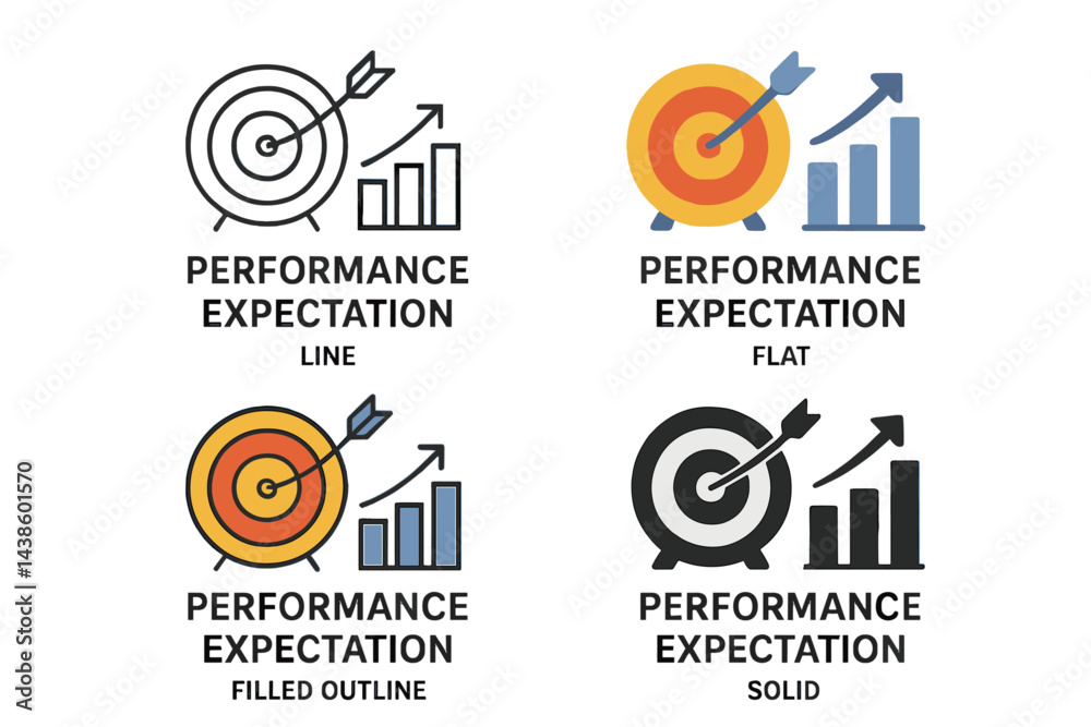 Aufkleber various designs illustrating performance expectation with target symbols and growth indicators in a 