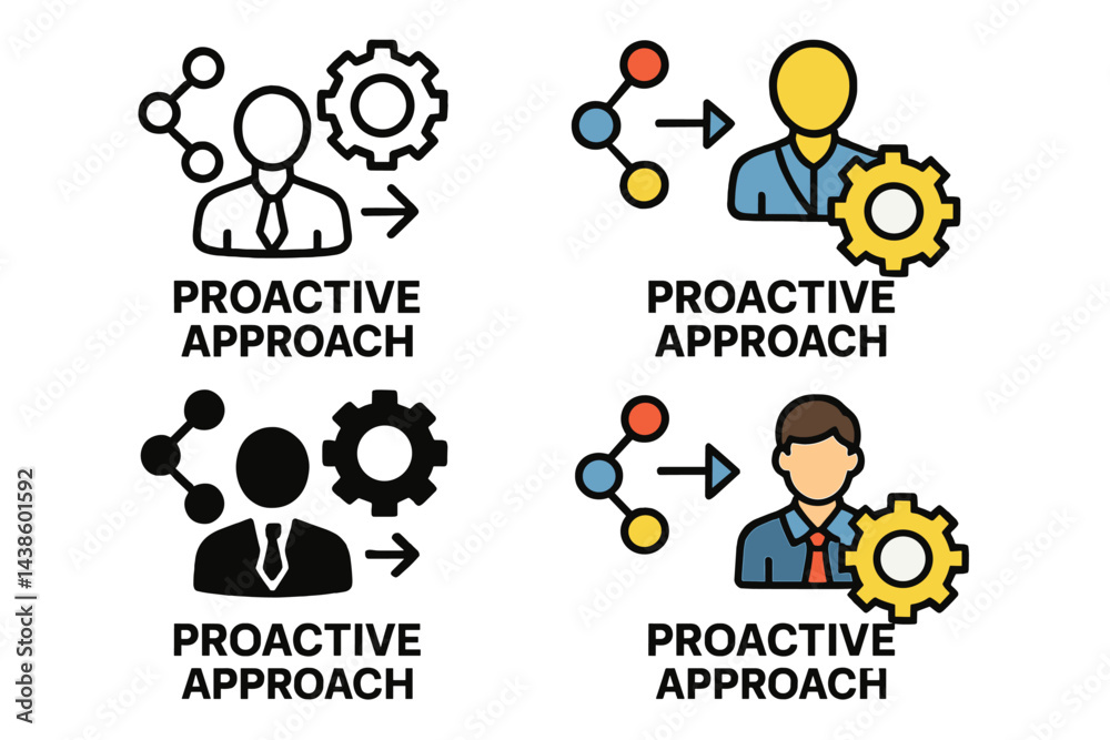 Poster Designs depicting proactive approach concepts with diverse characters and gear symbols for business use