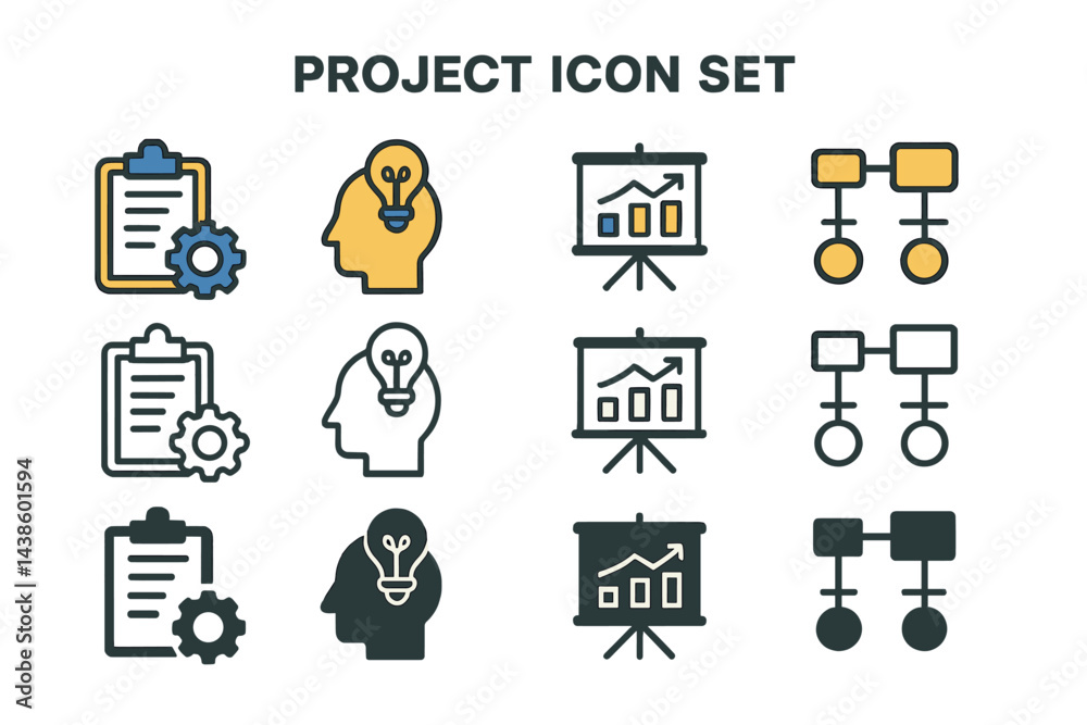 Poster Project management icon set featuring various design elements for workflow and brainstorming activities