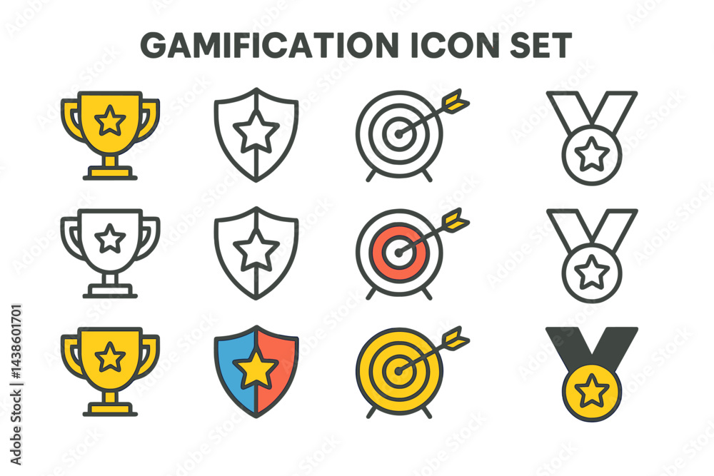 Poster Gamification icon set featuring trophies, shields, and targets designed for engaging visual elements in various applications