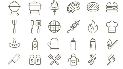 Grilling tools, ingredients, and symbols for summer cookouts illustrated in a minimalistic style