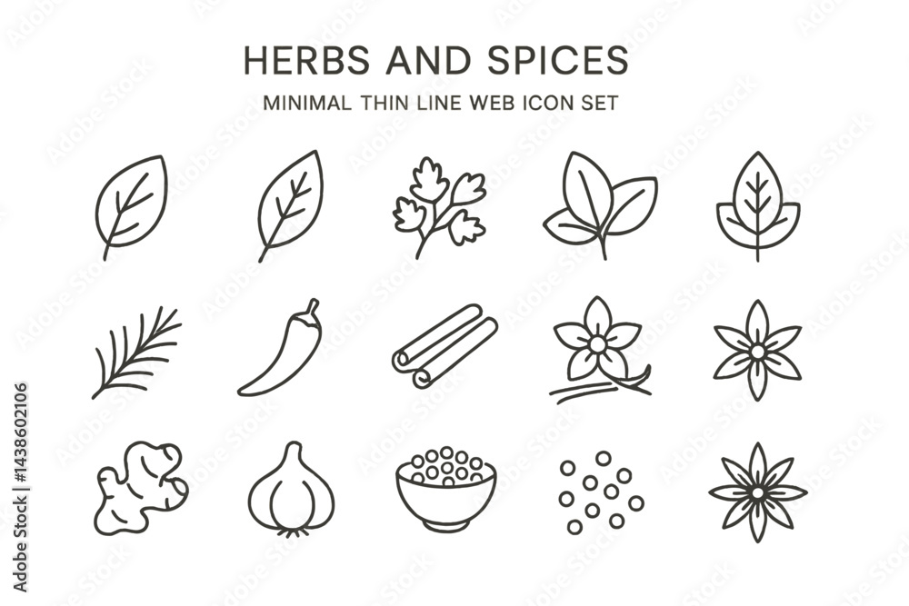 Poster herbs and spices illustrated in minimal thin line style featuring various plants and ingredients sui