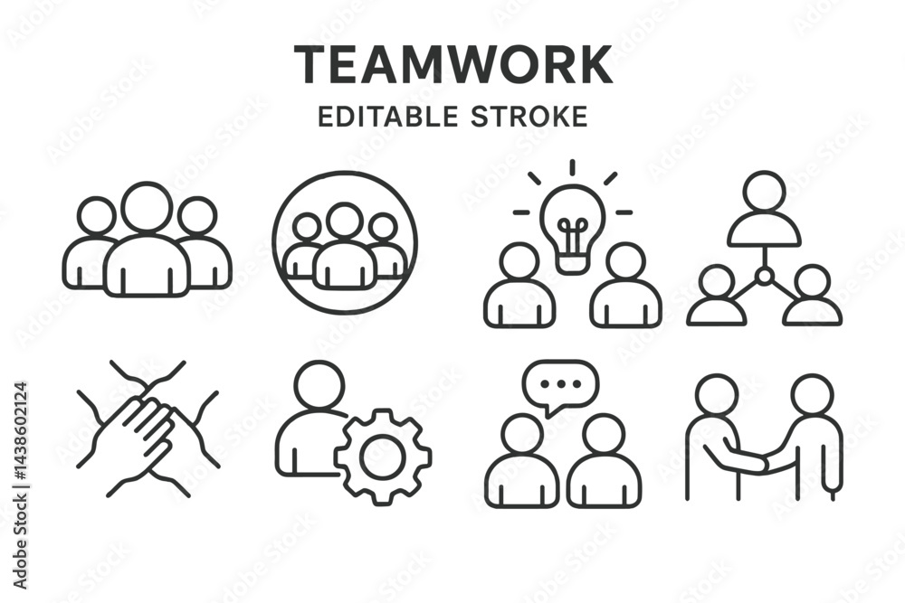 Poster Collaborative teamwork icons representing various aspects of group dynamics and cooperation in a professional setting