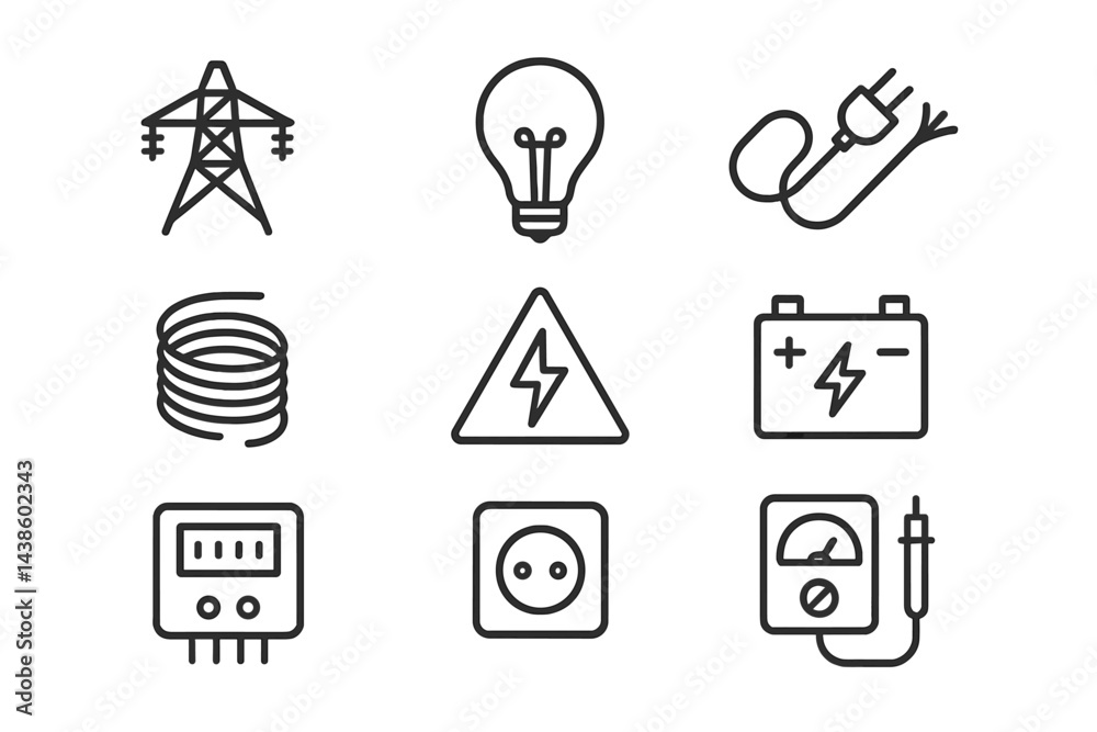 Poster electrical symbols illustrating various components and concepts in energy and circuitry used in mode
