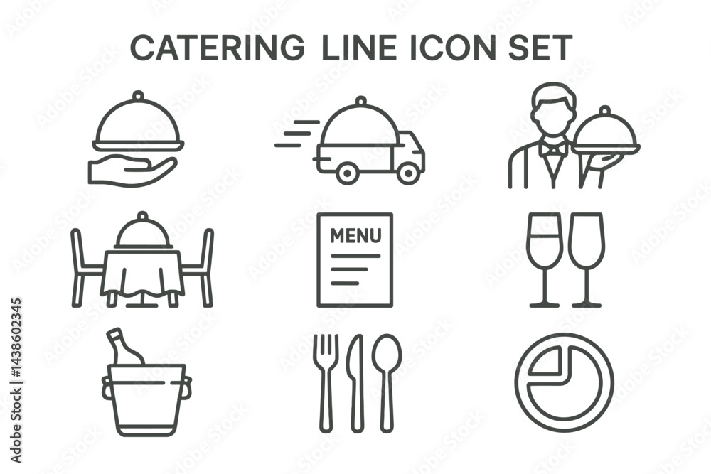 Poster catering line icons showcase food service elements in a modern design suitable for restaurants and e