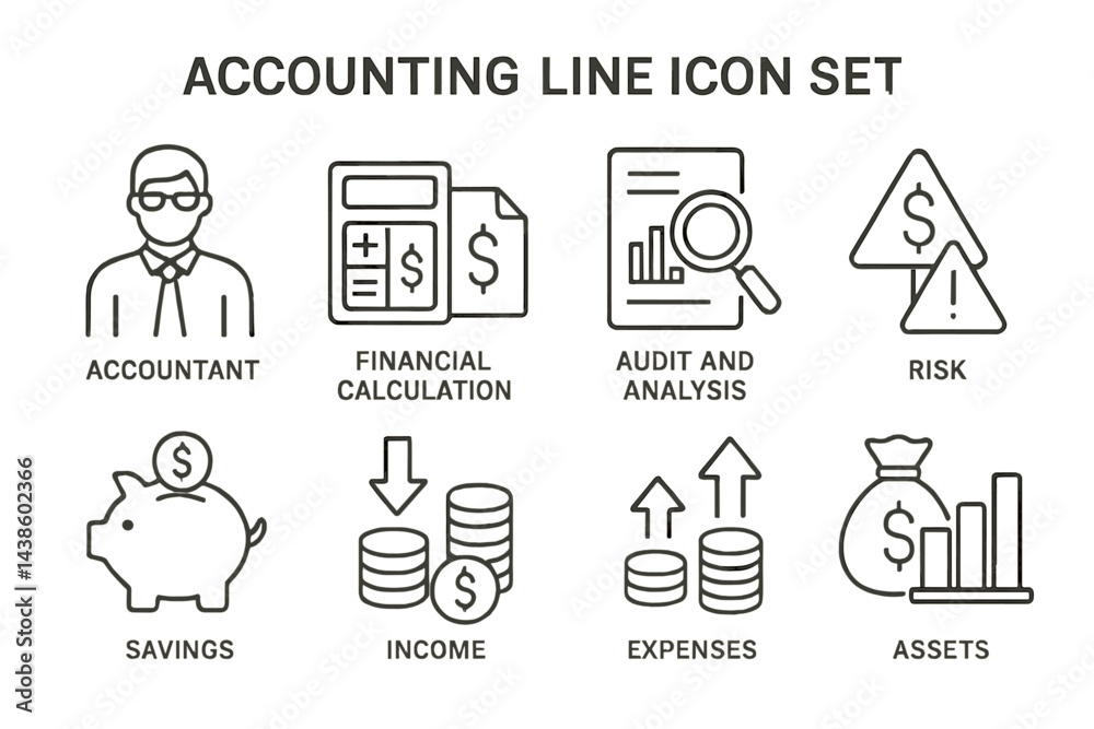 Poster Accounting line icon set showcasing financial management concepts and elements in a simple design
