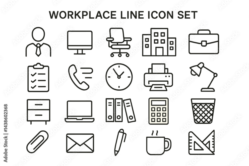 Poster workplace line icons representing various office elements, tools, and activities in a minimalistic d
