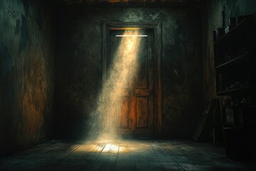 Obraz premium A ray of light penetrates a dark, dusty room, illuminating a wooden door in an old, abandoned building.