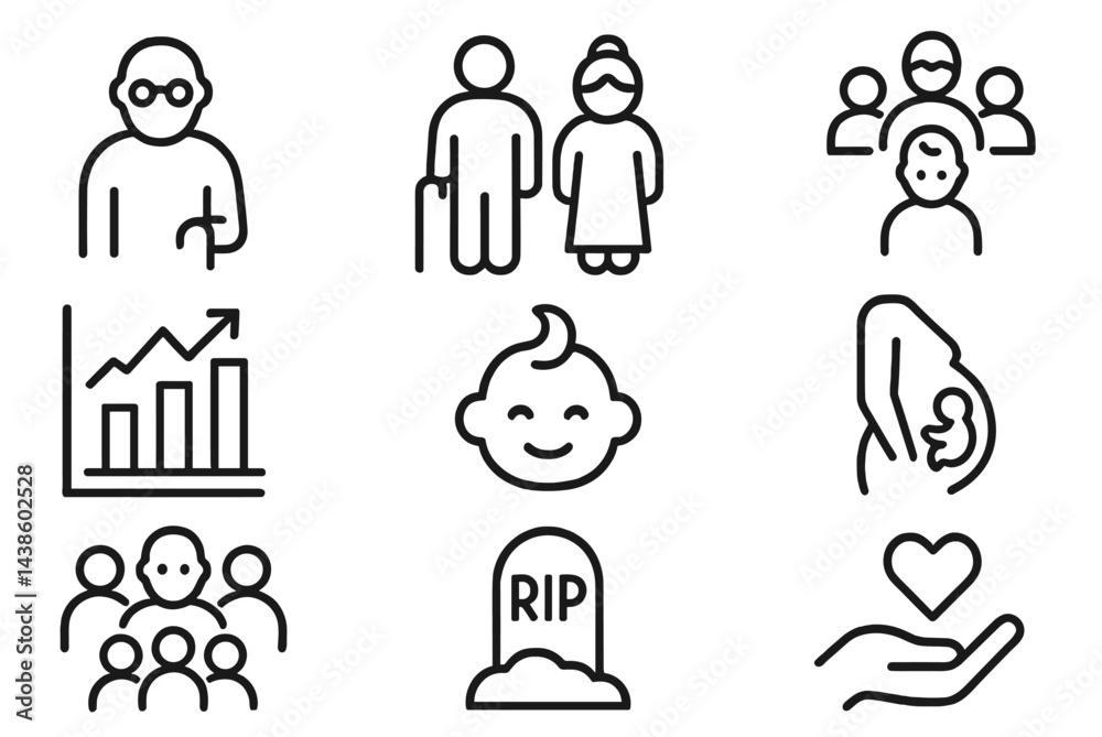 Poster symbols representing various life stages and relationships in a simple, minimalist style