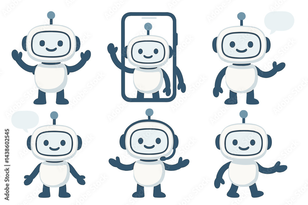 Poster Friendly robot characters engaging with smartphone technology in a playful style perfect for modern digital interactions