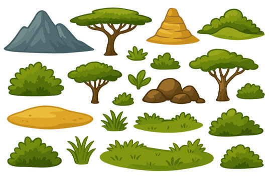 Nature elements featuring mountains, trees, rocks, and shrubs for creative landscapes in various environments
