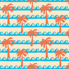 Marine retro seamless pattern with palm trees and sea. Summer print.
