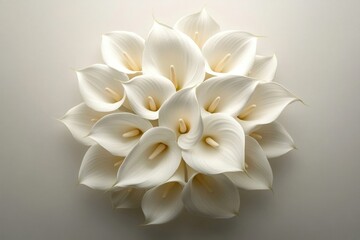 Fototapeta premium Elegant arrangement of pristine white Calla Lilies in full bloom, showcasing their natural beauty and soft, graceful curves on a light background.