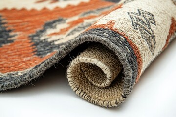 A rolled-up rug with intricate geometric patterns in earthy tones of orange, gray, and beige.