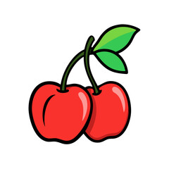 Illustration of two red cherries with green leaves vector graphic fruit food sweet dessert ripe fresh